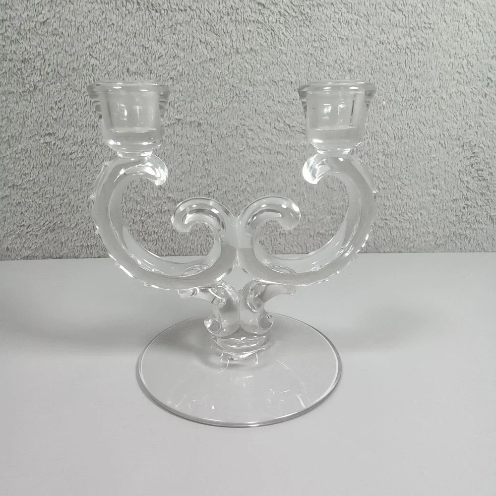 Vintage Clear Glass‎ Double Arm Candelabra Heart Scroll 2-Light Taper Holder 6